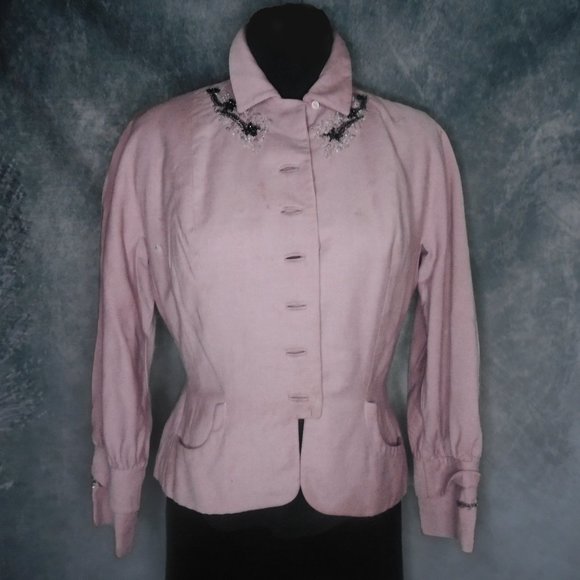 50s Pink Jacket with Rhinestones & Beading -- DAMAGED 1950s VINTAGE - Picture 10 of 12